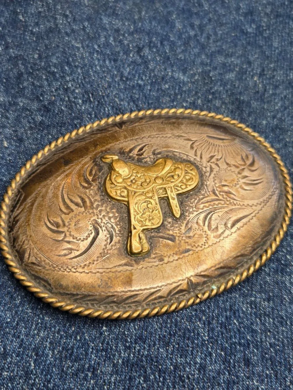 Vintage B-K Silversmith Hand Engraved Sterling Silver Front Saddle Belt Buckle